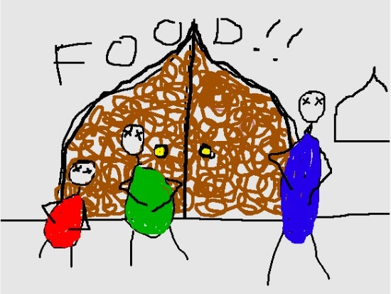 Illustration of stick figures holding their stomachs outside of a door saying "food!!"